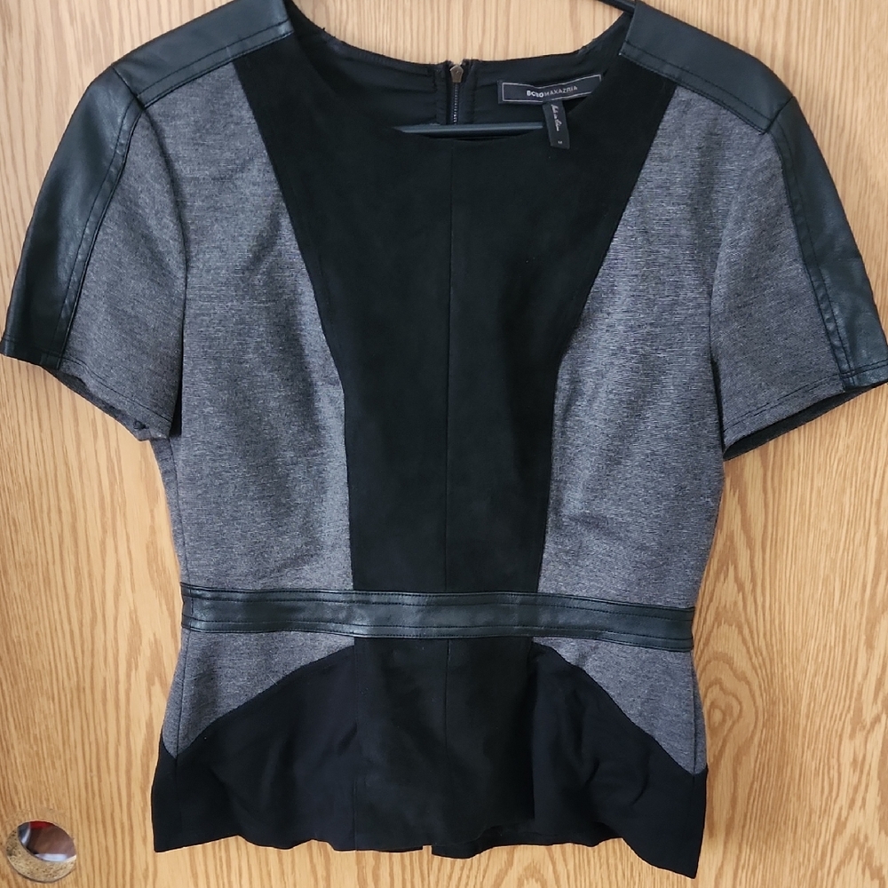 BCBG MaxAzria Black and Gray Colorblock Blouse